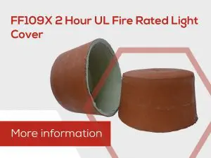 Two cylindrical fire-rated light covers, one upright and one lying on its side, with product text.