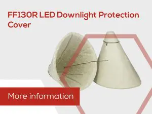 Two cone-shaped, fire rated FF130R LED downlight protection covers on a white background with red text.