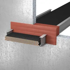 Cross-section of a wall with bundled cables passing through UL firestop systems and a metal cable tray.