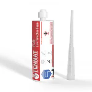 Red and white tube of TENMAT fire rated Fire Protection Foam with detached nozzle placed beside it on a white background.