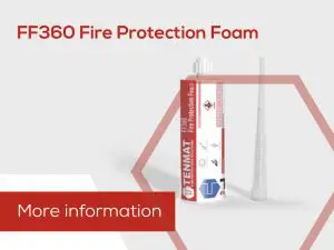 A fire rated tube of FF360 Fire Protection Foam with applicator, accompanied by a red box displaying More information text.
