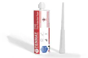 Red and white tube of Tenmat fire rated fire protection foam with a separate nozzle attachment.