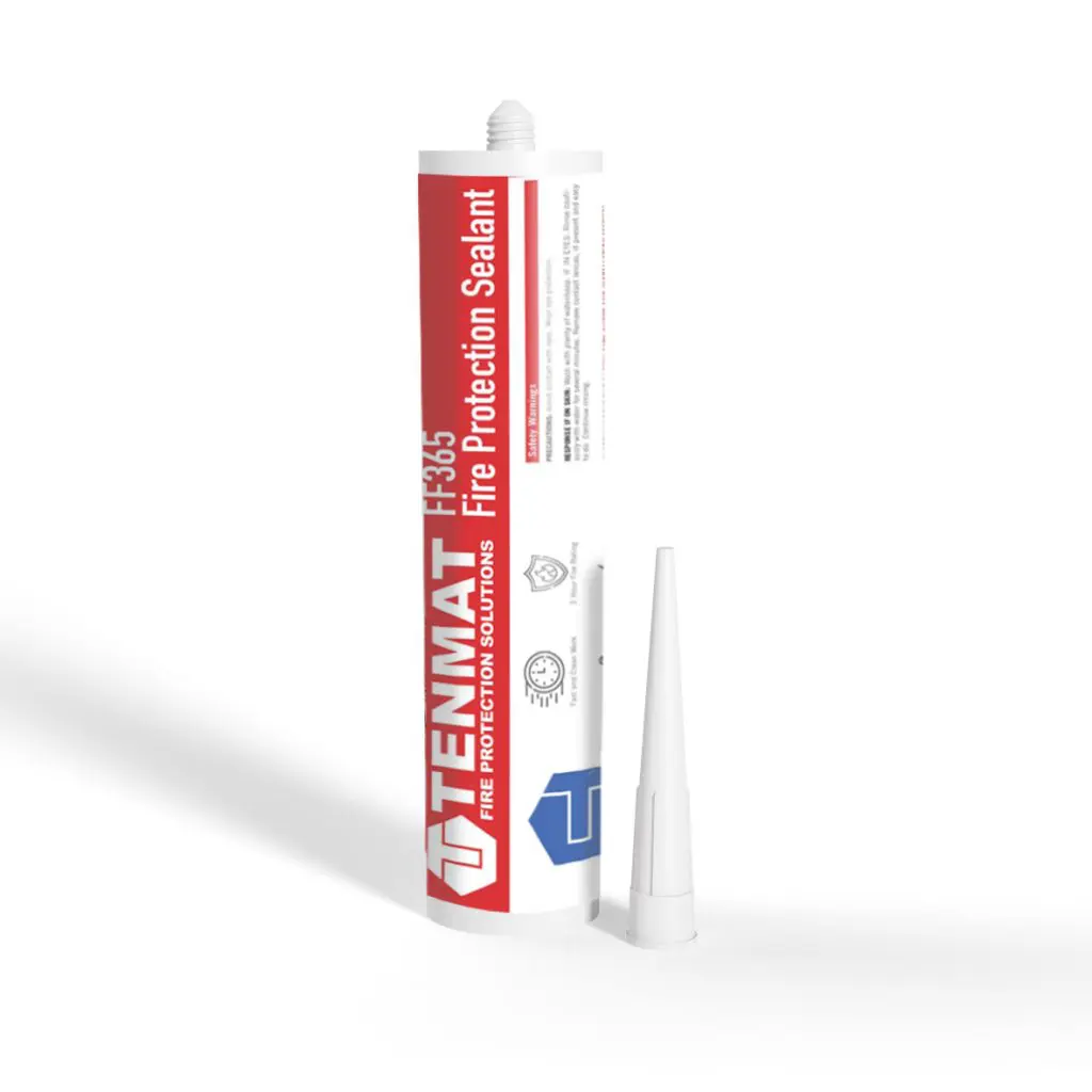 A tube of TENMAT FF365 fire rated Fire Protection Sealant with a removable nozzle beside it on a white background.