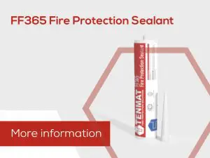 White tube of FF365 fire rated Fire Protection Sealant and nozzle, with More information text on a red banner.