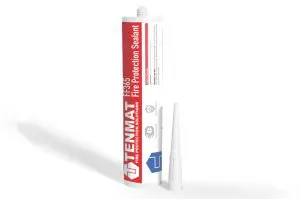 A tube of TENMAT F135 fire protection sealant, suitable for use in UL firestop systems, with a detached nozzle beside it on a white background.