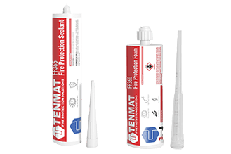 Two tubes of TENMAT FF365 Fire Protection Sealant and Foam with separate nozzles on a white background.