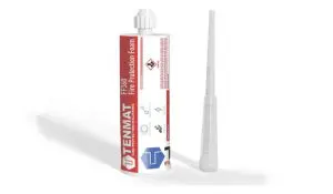 Red and white cartridge of Tenmat fire protection foam with a separate clear nozzle beside it.