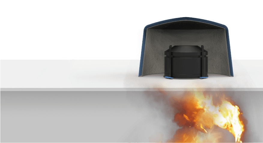 Partially covered fireproof container with flames below, set against a white background.
