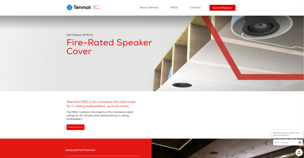 Website homepage showing a fire-rated speaker cover for in-ceiling loudspeakers, with modern design elements.
