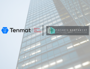 Logos of Tenmat and Facades Northwest overlaid on the background of a modern glass skyscraper.