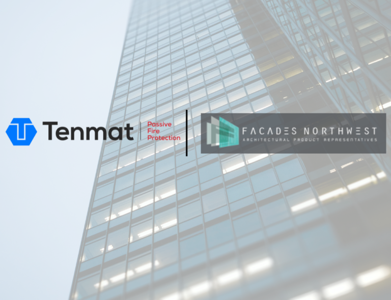 Logos of Tenmat and Facades Northwest overlaid on the background of a modern glass skyscraper.