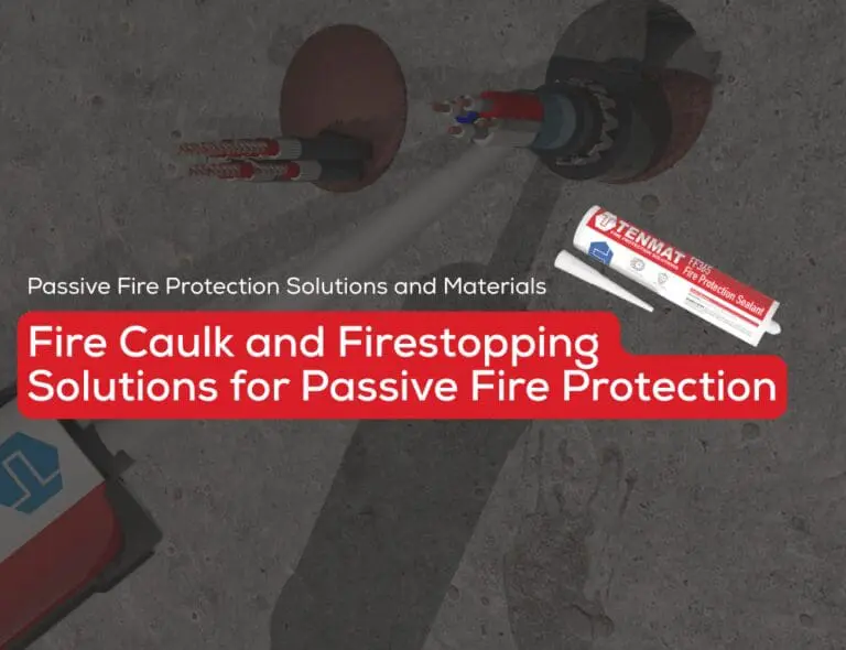 Tube of fire caulk with cables beside text on passive fire protection solutions.