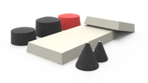 Assorted geometric playground blocks, including cones, cylinders, and rectangular prisms, on a white background.