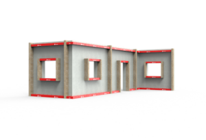 A partially constructed building with exposed walls, open windows, and red sealing tape around the edges.