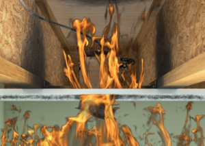 Flames rising and spreading inside a wooden structure, viewed from above and through a transparent surface.