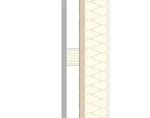 Wall section view displaying layers, insulation, and a horizontal structural element.