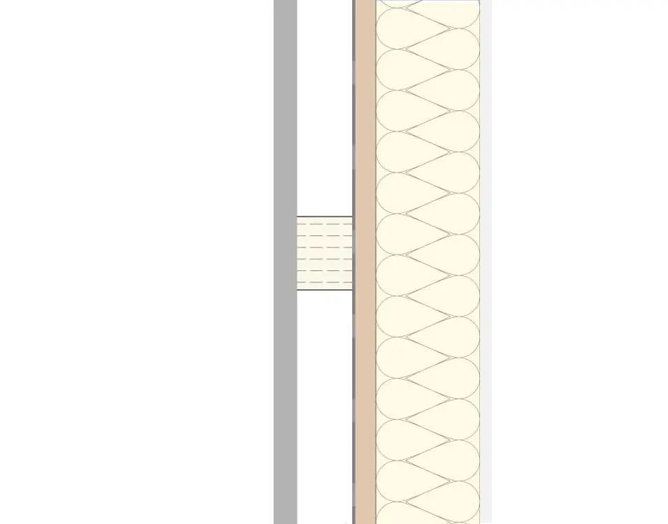 Wall section view displaying layers, insulation, and a horizontal structural element.