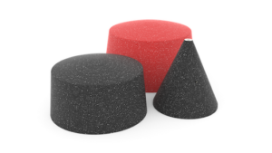 Three textured foam shapes: a red cylinder, a black cylinder, and a black cone, on a white background.