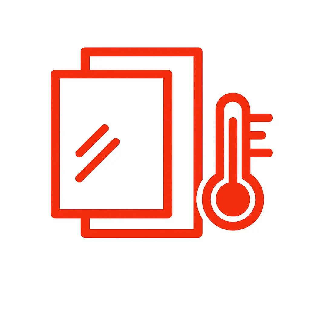 Red outline of paper sheets and a thermometer on a white background.