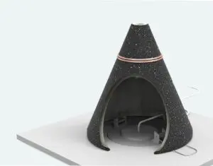 A cone-shaped, textured structure with an open doorway and a circular base inside, on a light background.