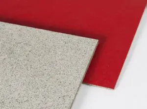 Two flat panels, one speckled gray and one solid red, overlapping on a white surface.
