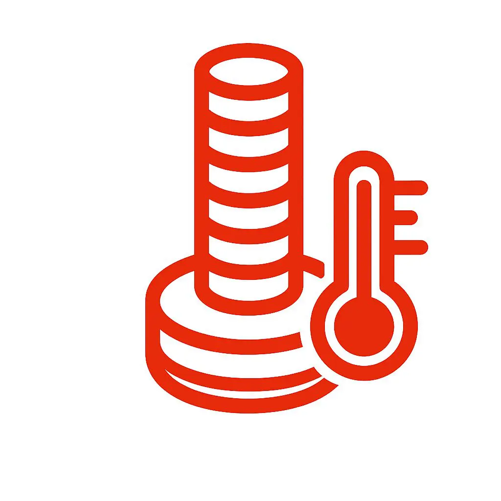 Red icon: stacked coins beside a thermometer on white background.