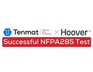 Tenmat and Hoover logos with "Successful NFPA285 Test" in a red box.