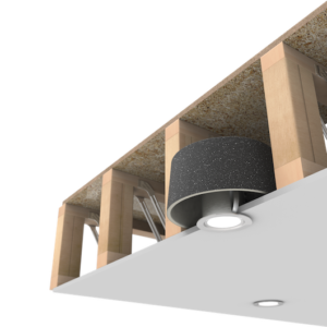 Cutaway view of a ceiling showing a recessed light fixture and its housing installed between wooden beams.