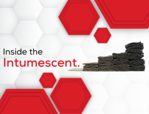 A stack of expanding intumescent black material with text Inside the Intumescent displayed on a hexagon patterned background.
