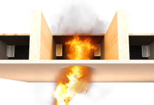 Cross-section of a wooden floor with fire burning through an opening, showing fire penetration.