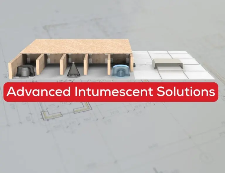 3D building model on blueprints with "Advanced Intumescent Solutions" in a red banner.