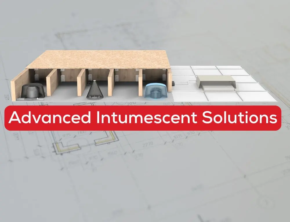 3D building model on blueprints with "Advanced Intumescent Solutions" in a red banner.