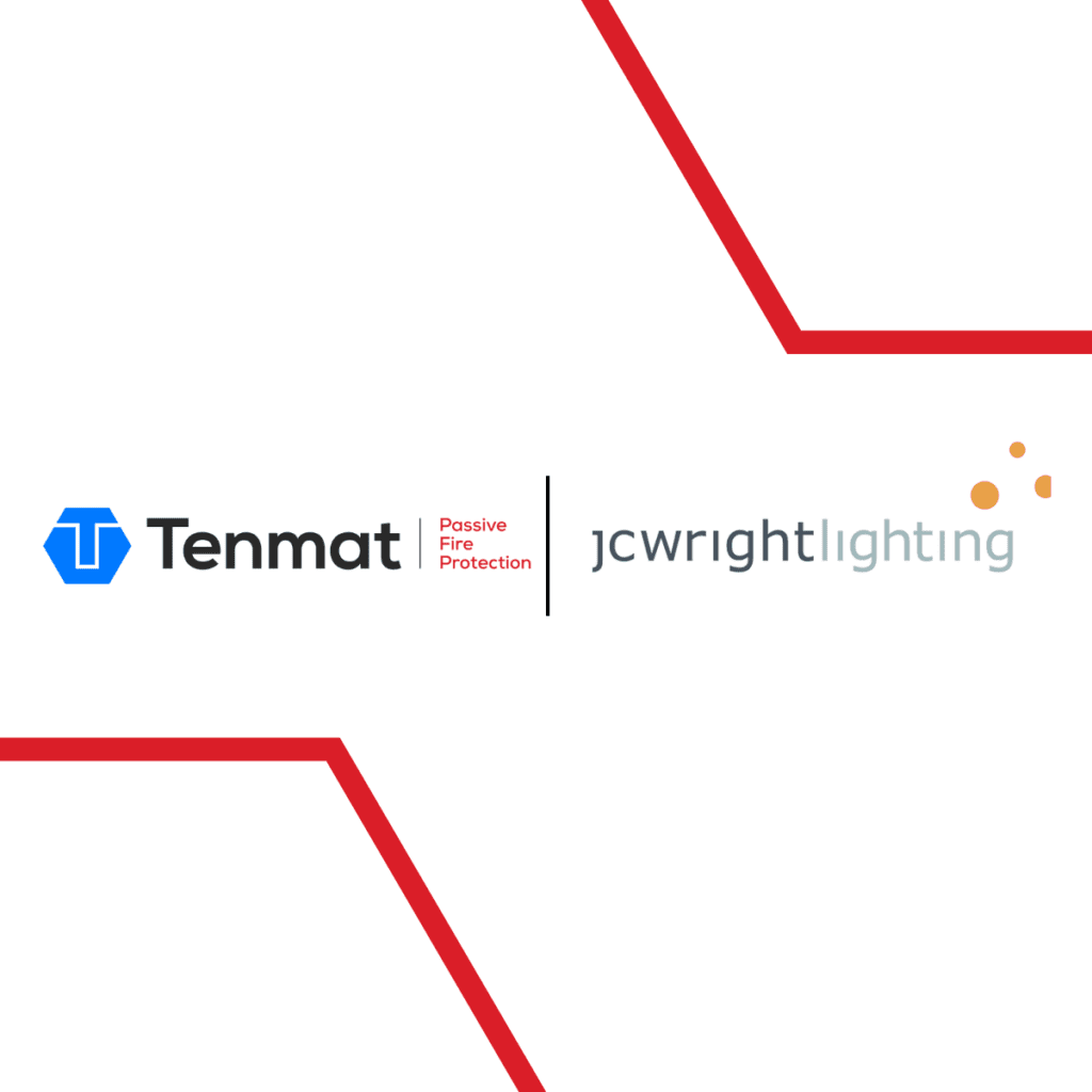 Tenmat and J. Wright Lighting logos with red geometric lines on a white background.