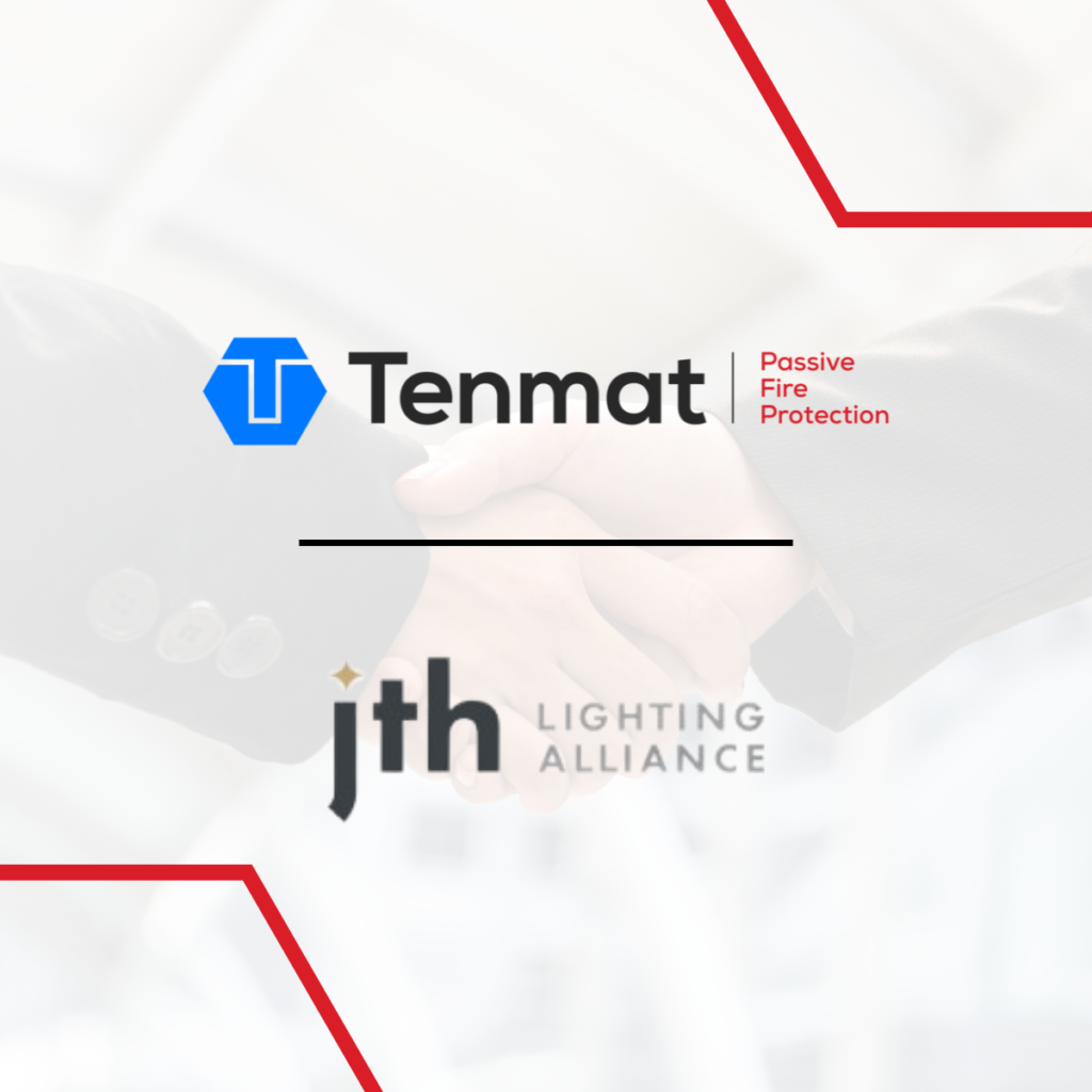 Tenmat and jth Lighting Alliance logos with a handshake in the background, symbolizing partnership.