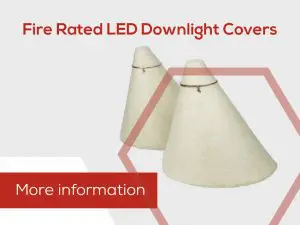 Two conical fire-rated LED downlight covers, designed for Passive Fire Protection, displayed on a white background with red text and graphics.