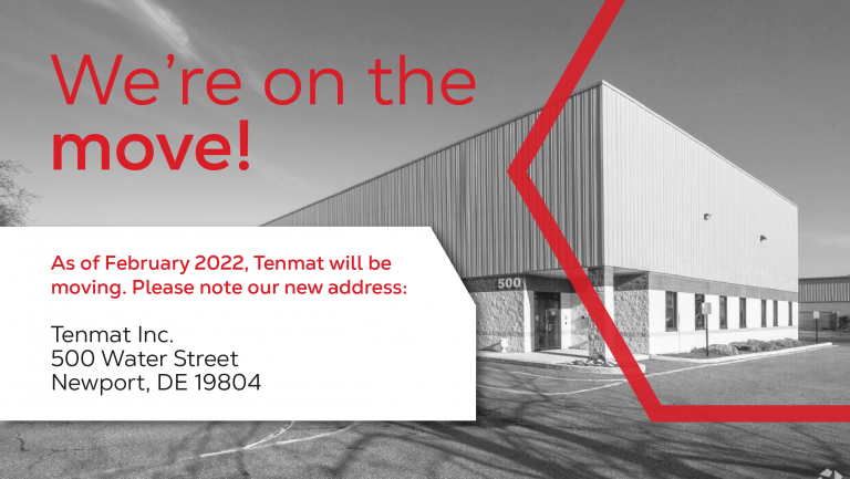 Black-and-white photo of a building with text announcing Tenmat Inc.s move to 500 Water Street, Newport, DE.