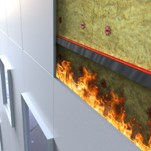 Cross-section of a building wall featuring a fire barrier and fire-resistant insulation effectively blocking visible flames.