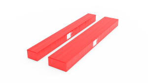 Two long, rectangular red packages with white labels rest on a white background, clearly marked as Fire Barrier materials.