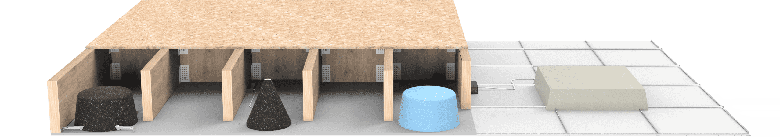 3D model showing four stalls with objects, beside a blue tank and a gray unit.