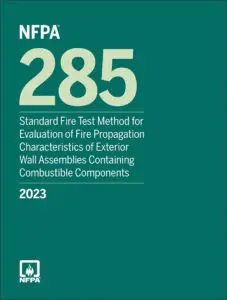 Cover of the NFPA 285 2023 standard document with text on a green background.