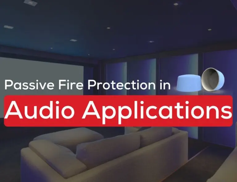 Home theater with couches and text: Passive Fire Protection in Audio Applications.