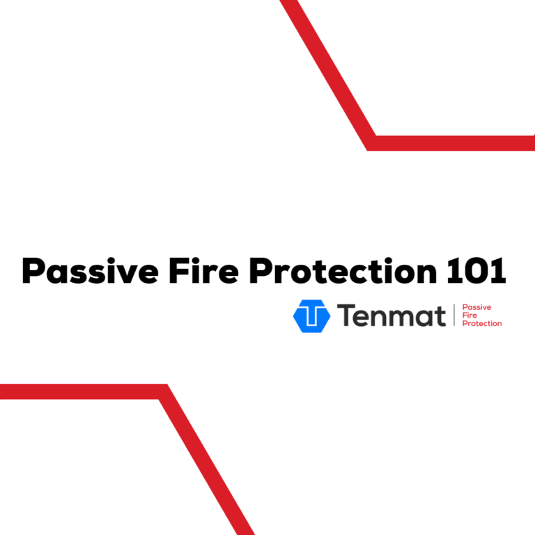 Text reads Passive Fire Protection 101 with the Tenmat logo and red angled lines on a white background.