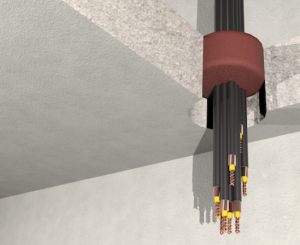 Black cables pass through a ceiling with a red firestop collar to seal the opening.