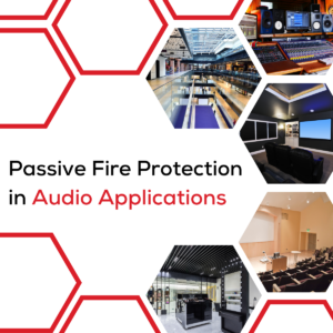 Hexagon-framed images of audio rooms surround text Passive Fire Protection in Audio Applications.