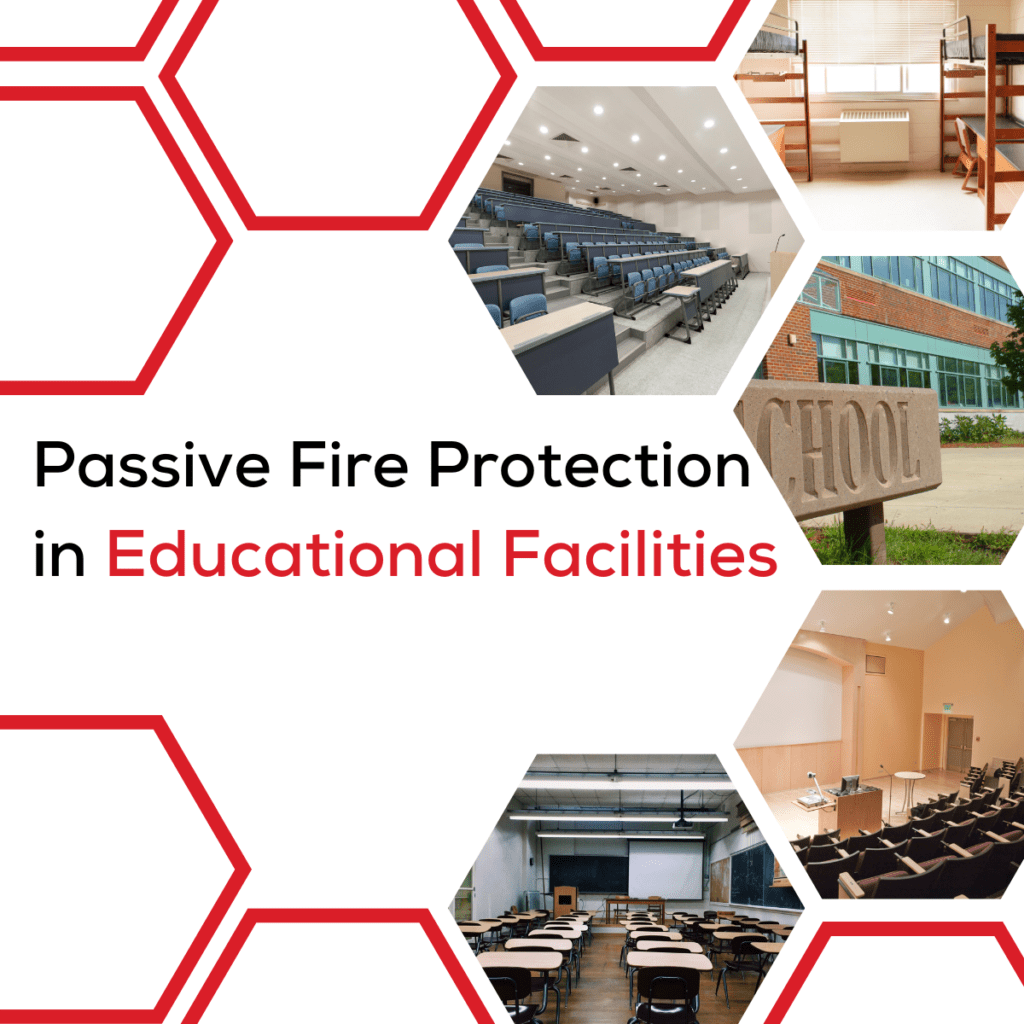 Hexagonal collage of classrooms, a school building, and Passive Fire Protection in Educational Facilities text.