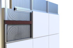 A close-up of a modern building facade with large white panels and metallic framing details.