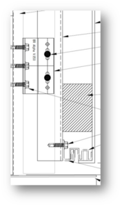 Technical drawing showing section details, screws, a metal plate, and labeled components with arrows.