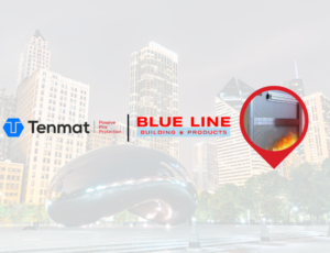 Logos for Tenmat and Blue Line Building Products over a cityscape with a fire image in a red location marker.