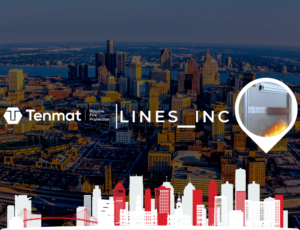 A city skyline with “Tenmat Passive Fire Protection LINES INC” and an inset of a fire safety device in use.