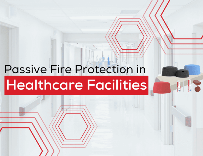 Hospital corridor with text: Passive Fire Protection in Healthcare Facilities and red hexagon graphics.